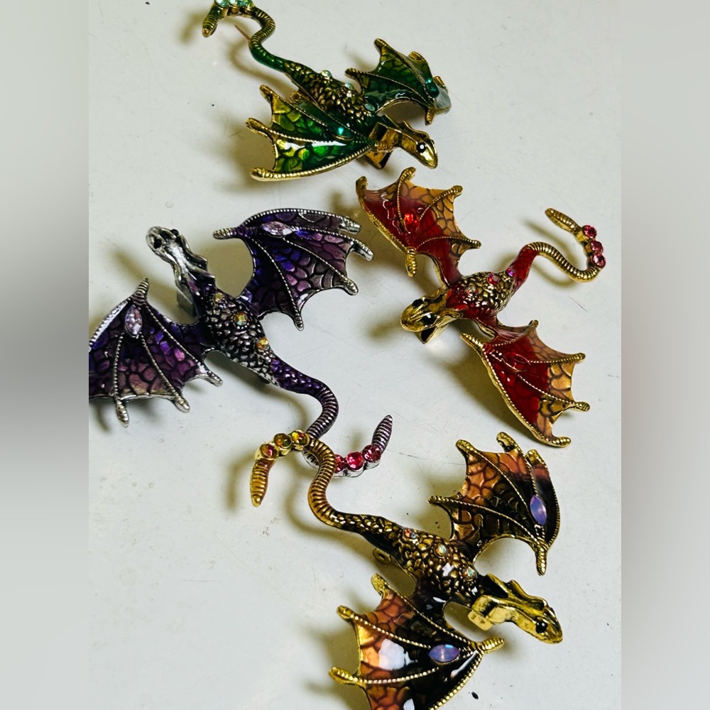 Colorful Dragon Brooch Pin Set - Enamel & Crystal Accents